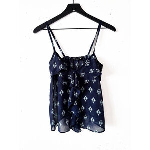 Living Doll LA Navy Ikat Ruffle Cami Top Women’s Small Boho Festival Layering